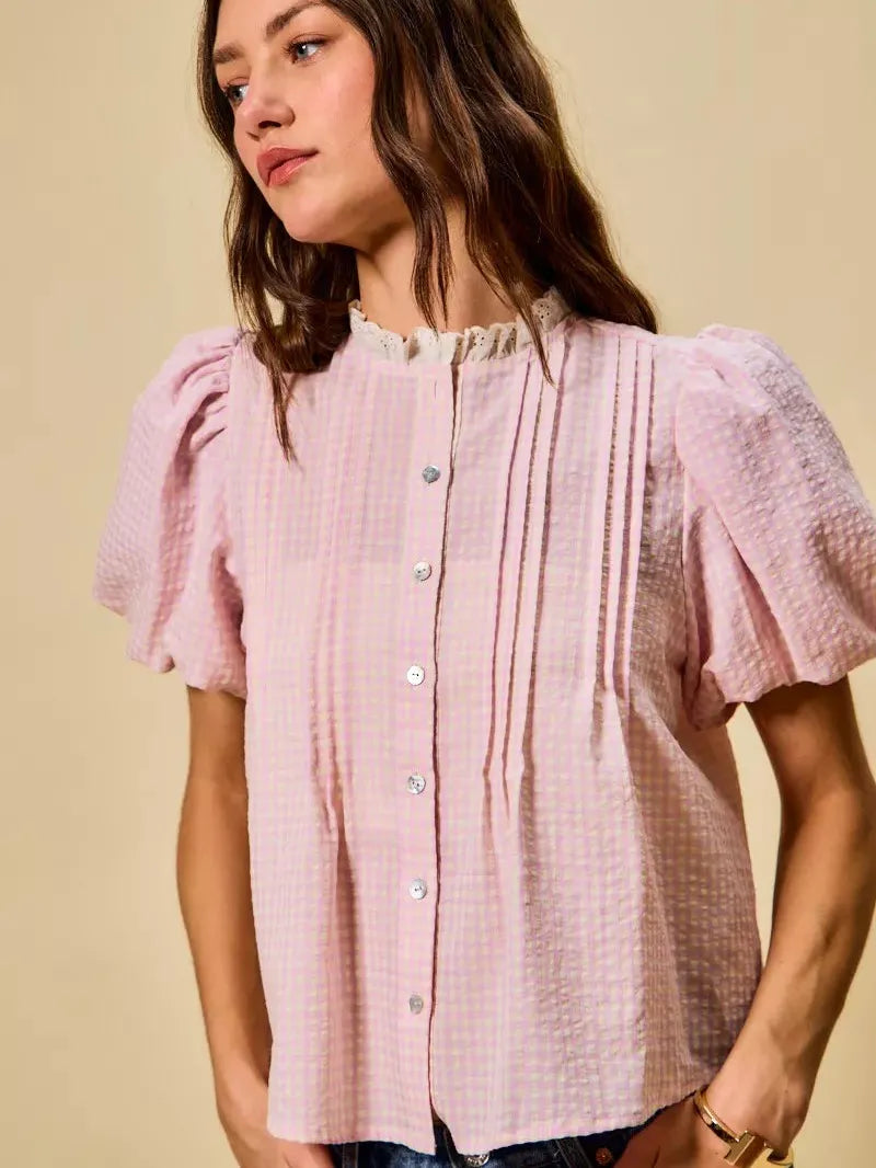 So Me Gingham Grace Lace Trim Button Bubble Sleeves Blouse-Women's Shirts & Tops-Shop Z & Joxa
