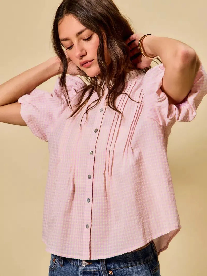 So Me Gingham Grace Lace Trim Button Bubble Sleeves Blouse-Women's Shirts & Tops-Shop Z & Joxa