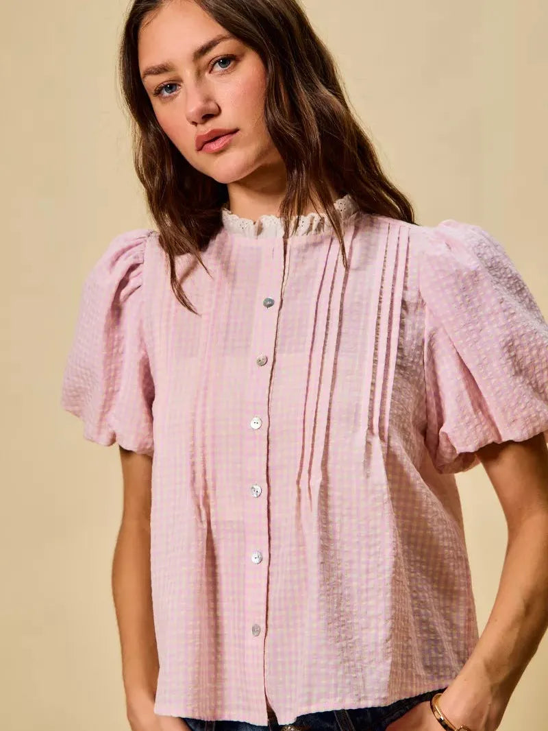 So Me Gingham Grace Lace Trim Button Bubble Sleeves Blouse-Women's Shirts & Tops-Shop Z & Joxa