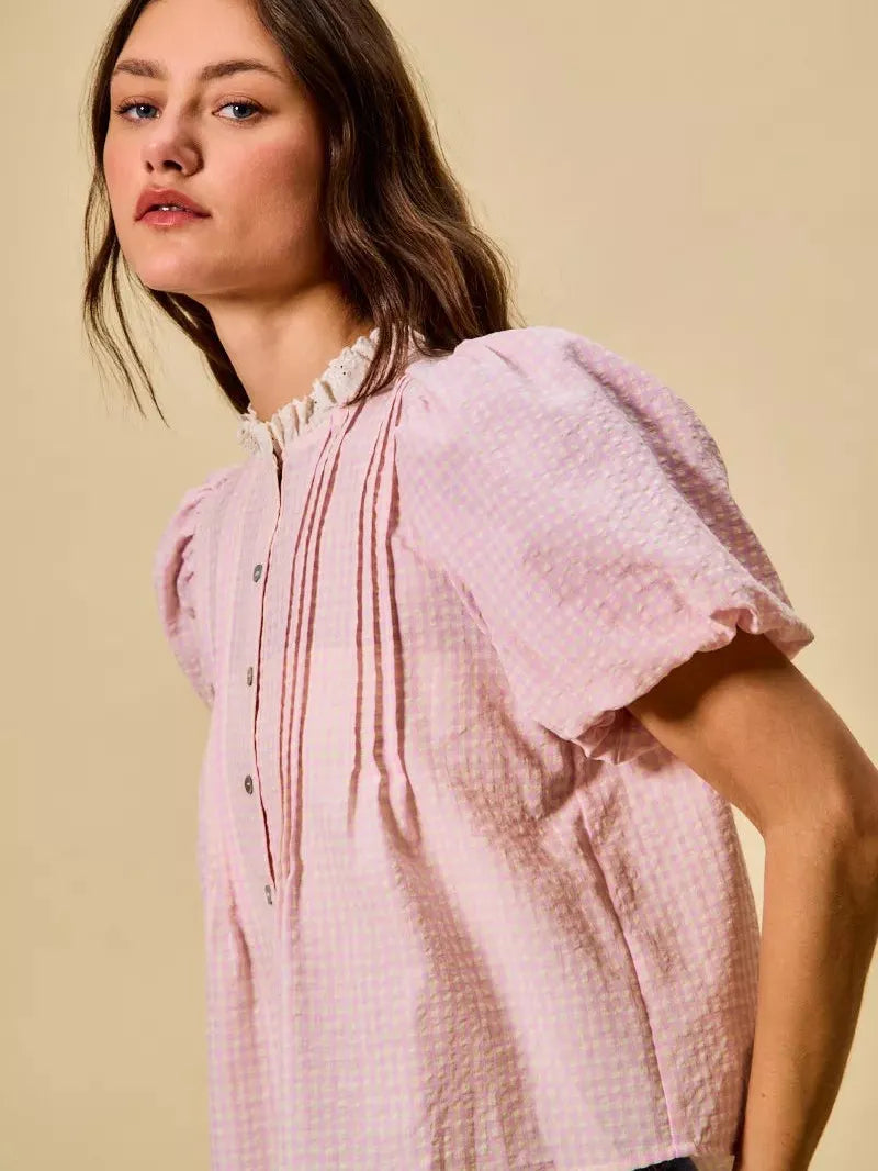 So Me Gingham Grace Lace Trim Button Bubble Sleeves Blouse-Women's Shirts & Tops-Shop Z & Joxa