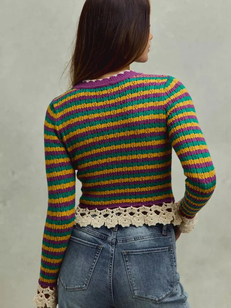 So Me Golden Lines Mardi Gras Striped Top with Crochet Trim-Women's Shirts & Tops-Shop Z & Joxa