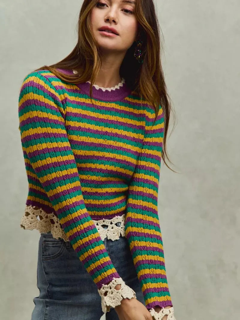 So Me Golden Lines Mardi Gras Striped Top with Crochet Trim-Women's Shirts & Tops-Shop Z & Joxa