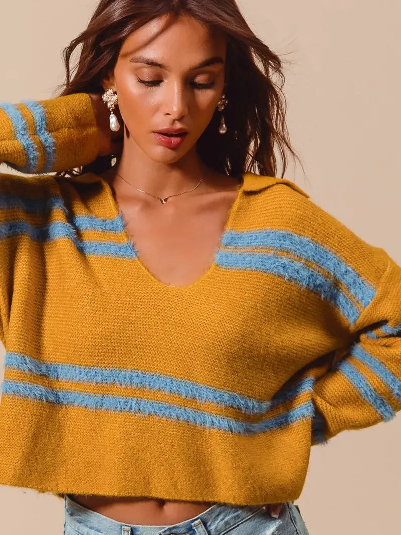 So Me Honey Mustard Fuzzy Striped Deep U Neck Sweater-Women's Shirts & Tops-Shop Z & Joxa