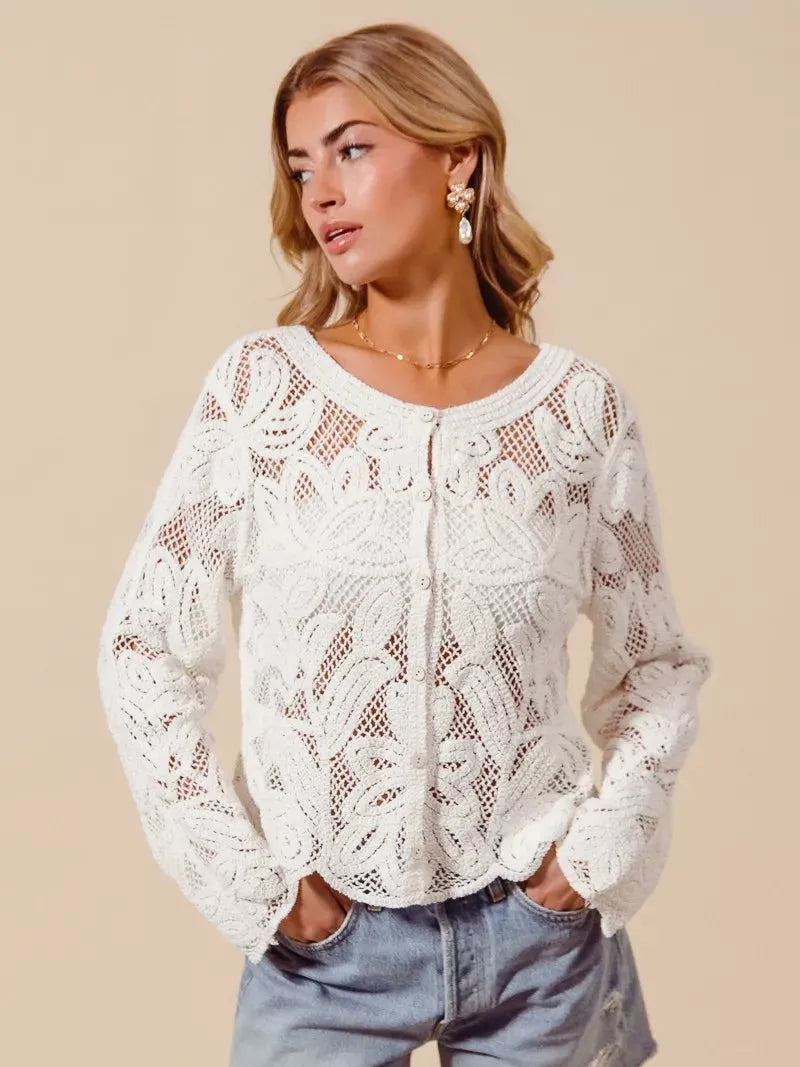 So Me Ivory Bloom Crochet Floral Lace Cardigan-Shirts & Tops-Shop Z & Joxa
