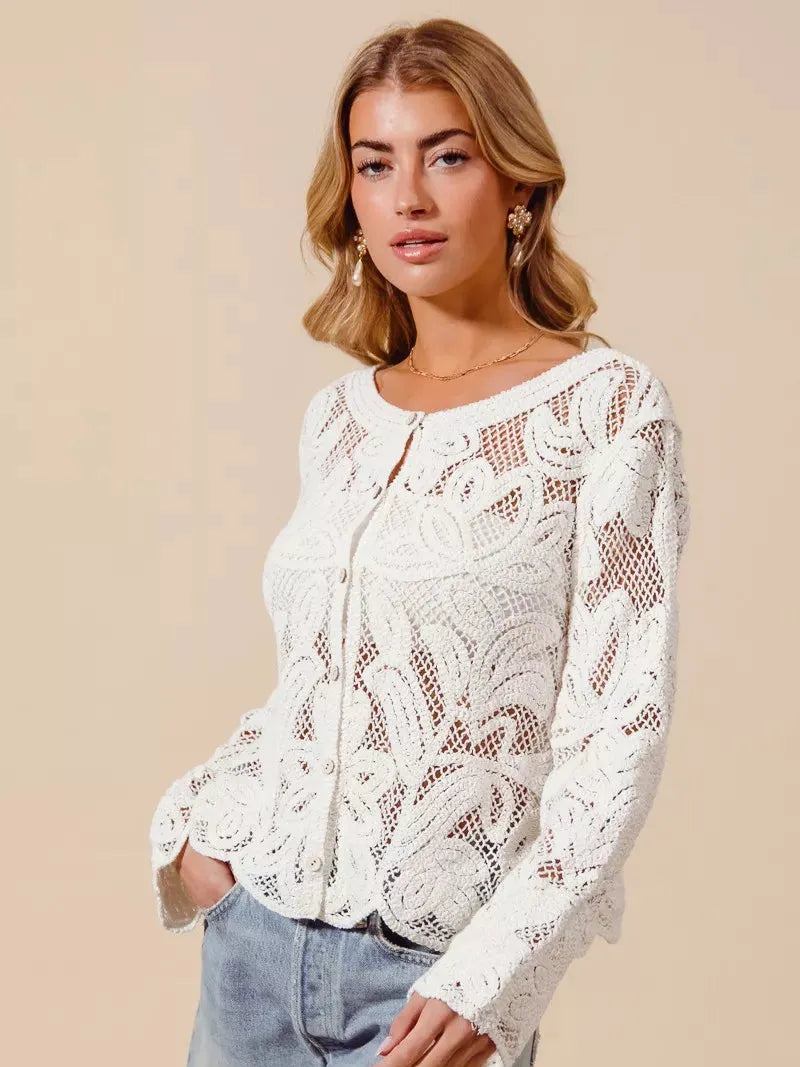So Me Ivory Bloom Crochet Floral Lace Cardigan-Shirts & Tops-Shop Z & Joxa