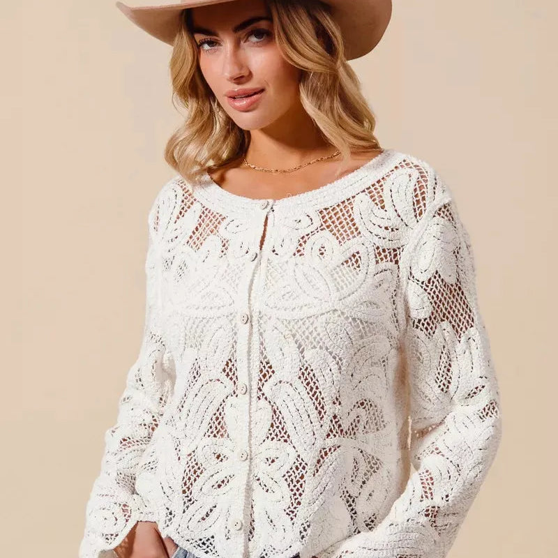 So Me Ivory Bloom Crochet Floral Lace Cardigan-Shirts & Tops-Shop Z & Joxa