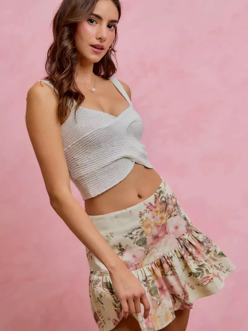 So Me Ivory Bloom Pink Floral Tiered Flare Mini Skirt-Women's Skirts & Skorts-Shop Z & Joxa