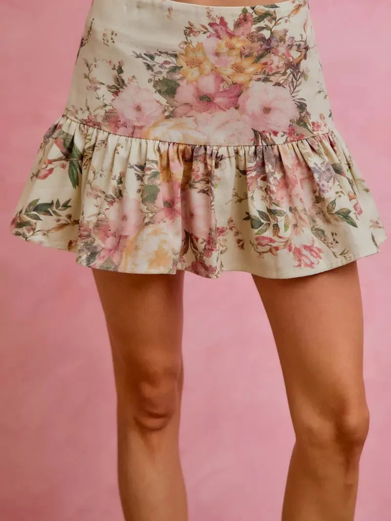 So Me Ivory Bloom Pink Floral Tiered Flare Mini Skirt-Women's Skirts & Skorts-Shop Z & Joxa