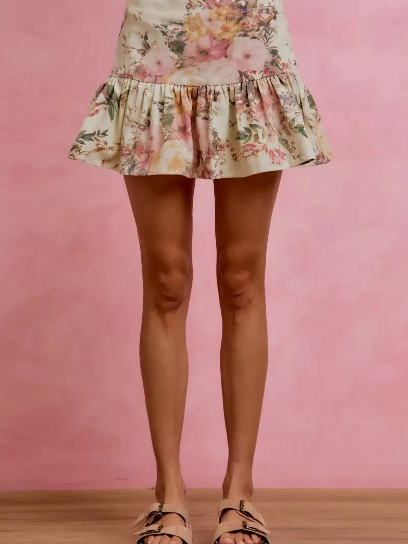 So Me Ivory Bloom Pink Floral Tiered Flare Mini Skirt-Women's Skirts & Skorts-Shop Z & Joxa