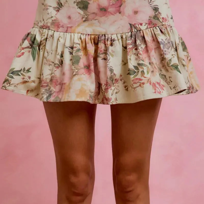 So Me Ivory Bloom Pink Floral Tiered Flare Mini Skirt-Women's Skirts & Skorts-Shop Z & Joxa
