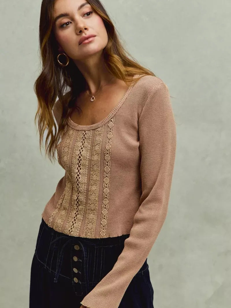 So Me Latte Lace Revival Vintage Wash Lace Crop Knit Top-Women's Shirts & Tops-Shop Z & Joxa