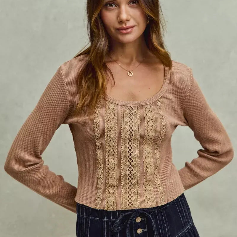 So Me Latte Lace Revival Vintage Wash Lace Crop Knit Top-Women's Shirts & Tops-Shop Z & Joxa