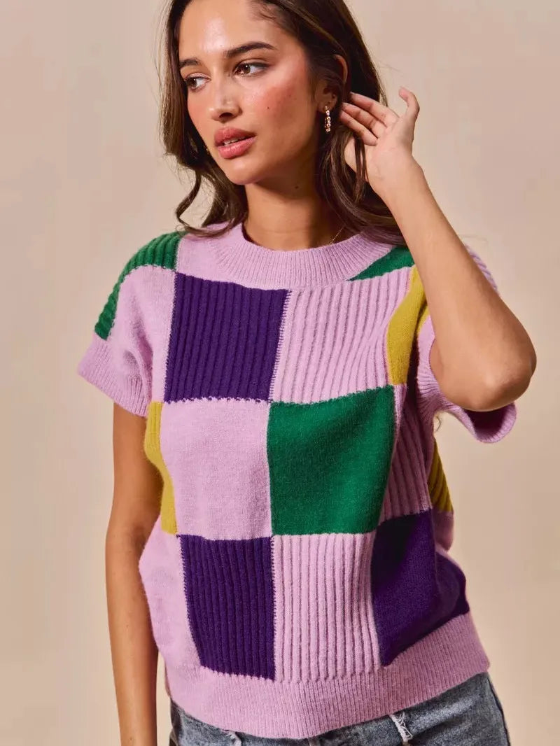 So Me Lavender Checkmate Mardi Gras Plaid Sweater Top-Women's Shirts & Tops-Shop Z & Joxa