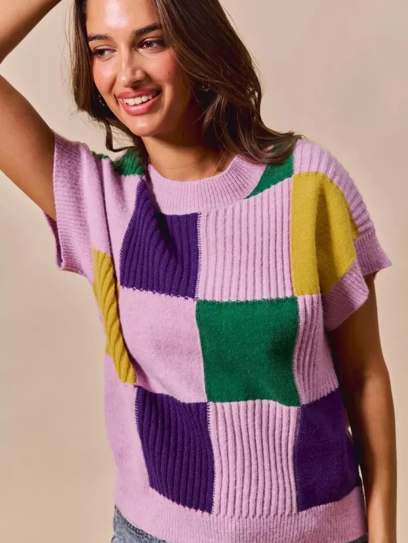 So Me Lavender Checkmate Mardi Gras Plaid Sweater Top-Women's Shirts & Tops-Shop Z & Joxa