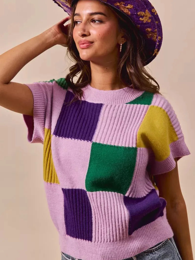 So Me Lavender Checkmate Mardi Gras Plaid Sweater Top-Women's Shirts & Tops-Shop Z & Joxa