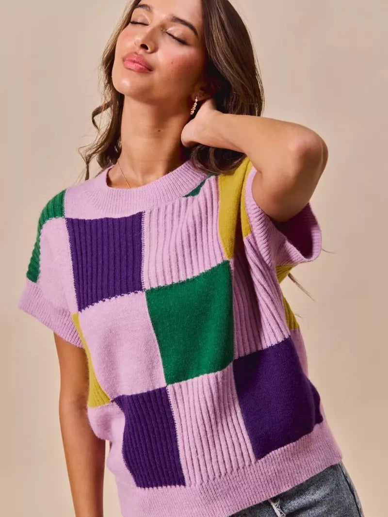 So Me Lavender Checkmate Mardi Gras Plaid Sweater Top-Women's Shirts & Tops-Shop Z & Joxa