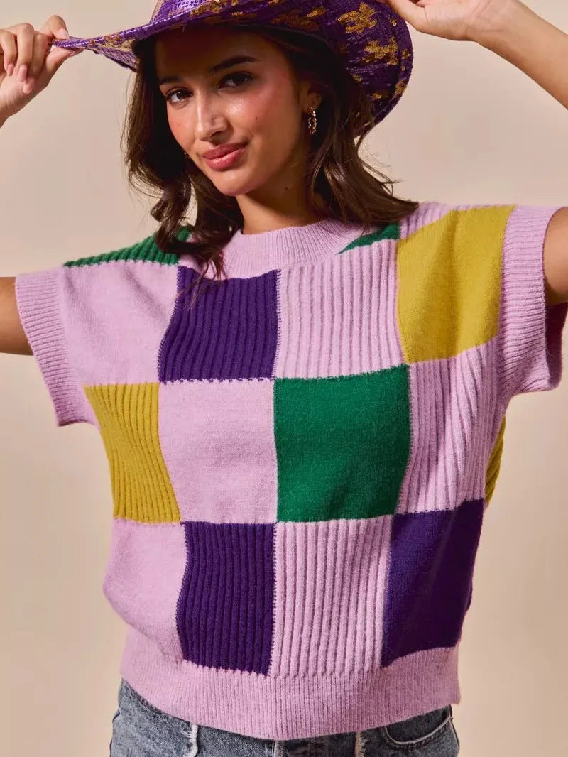 So Me Lavender Checkmate Mardi Gras Plaid Sweater Top-Women's Shirts & Tops-Shop Z & Joxa