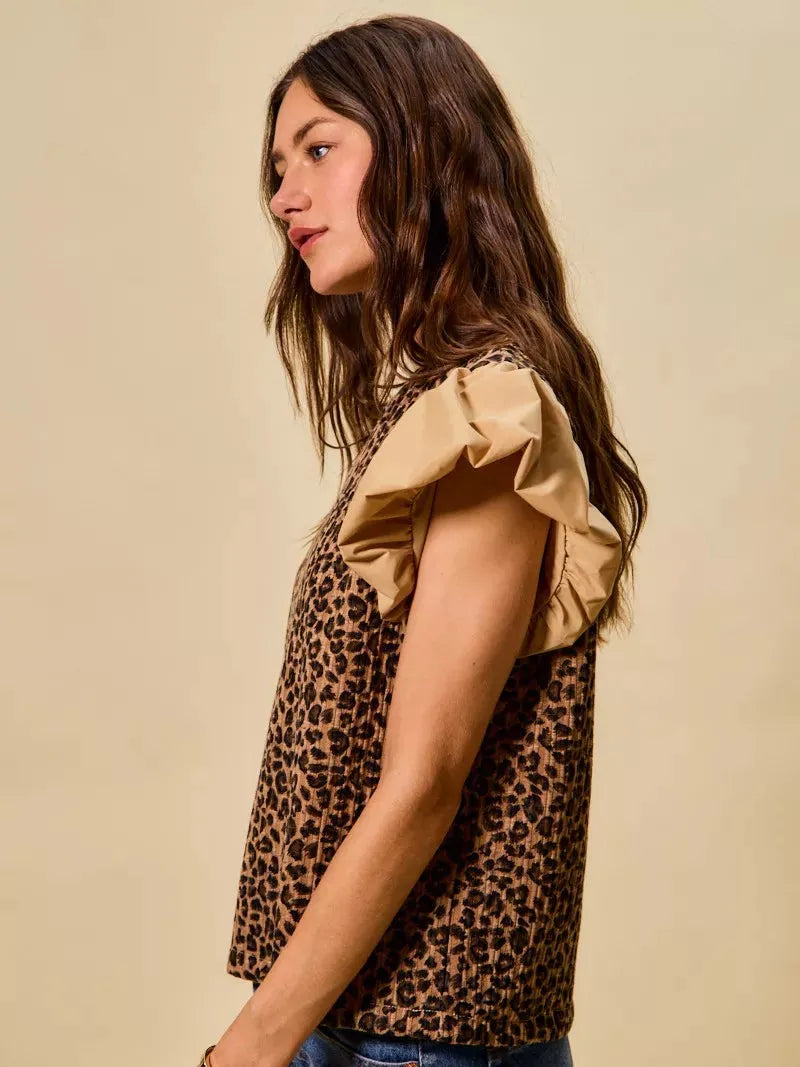 So Me Leopard Luxe Pointelle Knit Top with Puff Sleeves-Women's Shirts & Tops-Shop Z & Joxa
