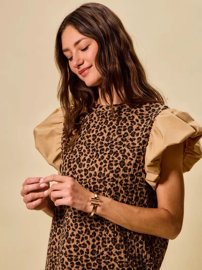 So Me Leopard Luxe Pointelle Knit Top with Puff Sleeves-Women's Shirts & Tops-Shop Z & Joxa
