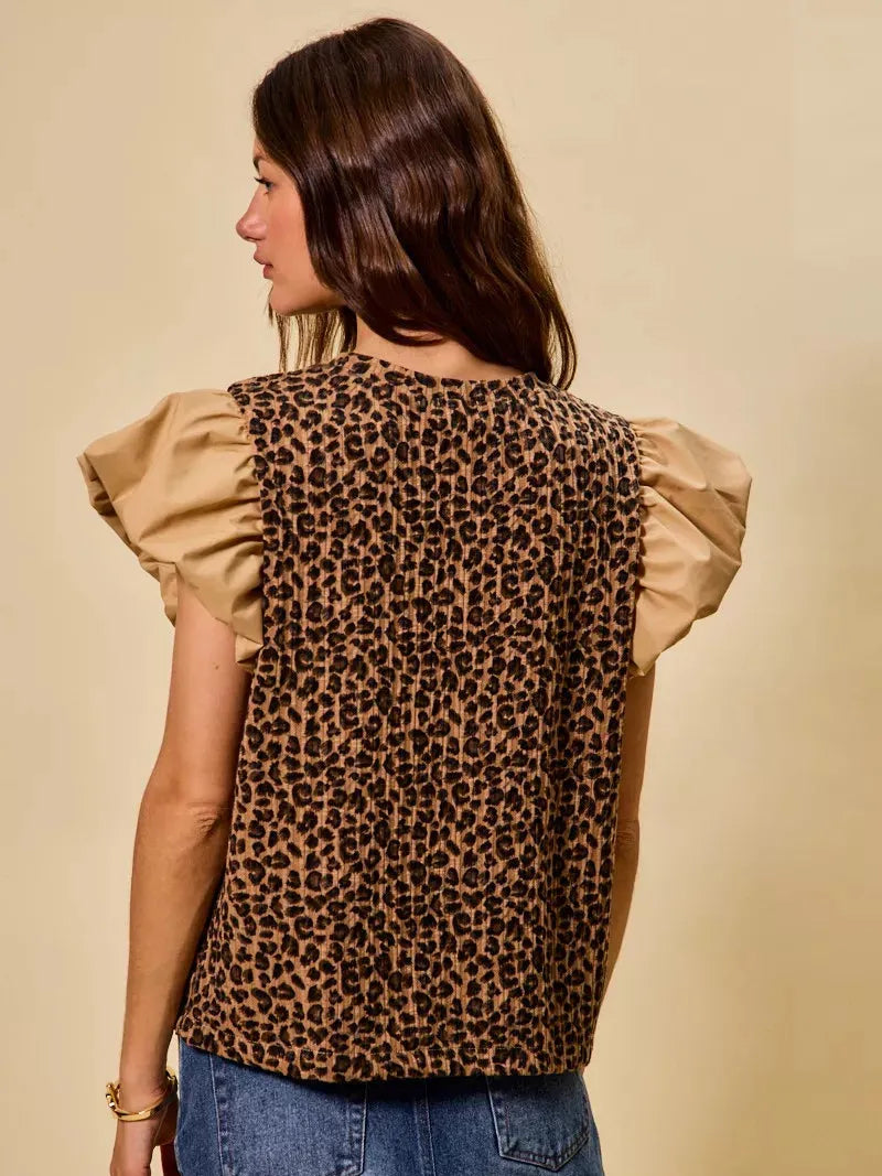 So Me Leopard Luxe Pointelle Knit Top with Puff Sleeves-Women's Shirts & Tops-Shop Z & Joxa