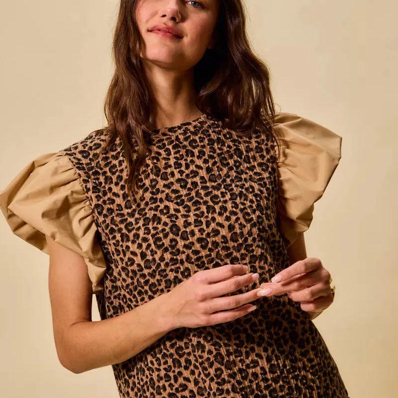 So Me Leopard Luxe Pointelle Knit Top with Puff Sleeves-Women's Shirts & Tops-Shop Z & Joxa