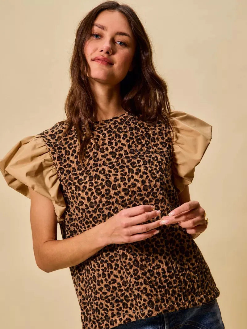 So Me Leopard Luxe Pointelle Knit Top with Puff Sleeves-Women's Shirts & Tops-Shop Z & Joxa