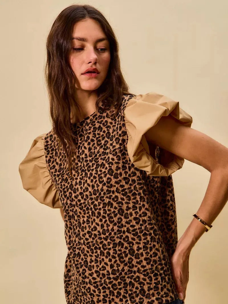 So Me Leopard Luxe Pointelle Knit Top with Puff Sleeves-Women's Shirts & Tops-Shop Z & Joxa