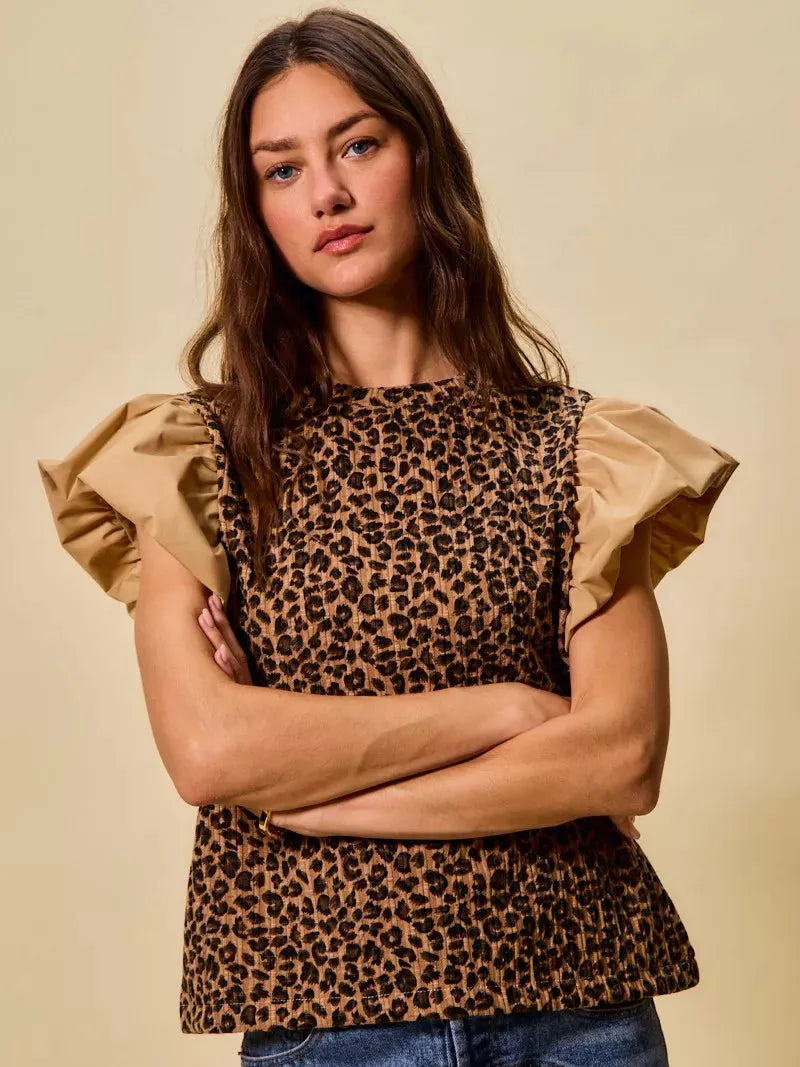 So Me Leopard Luxe Pointelle Knit Top with Puff Sleeves-Women's Shirts & Tops-Shop Z & Joxa