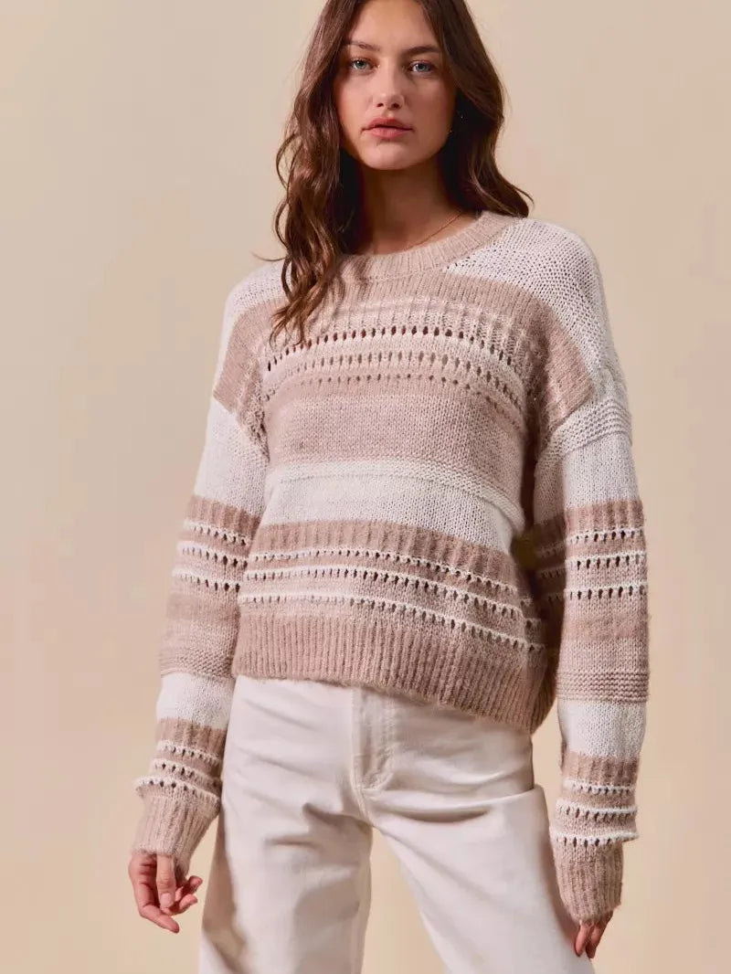 So Me Loosely Luxe Striped Texture Long Sleeve Sweater-Women's Shirts & Tops-Shop Z & Joxa