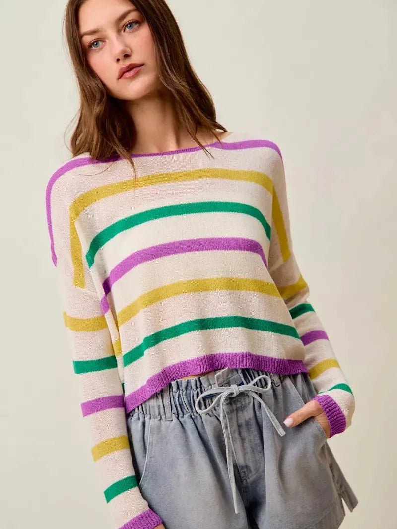 So Me Mardi Chic Color Stripe Lightweight Sweater Top-Women's Shirts & Tops-Shop Z & Joxa