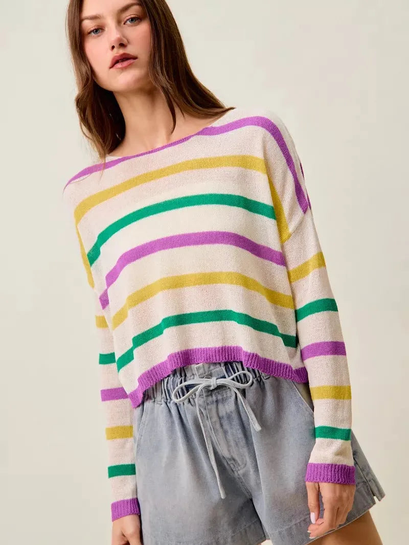 So Me Mardi Chic Color Stripe Lightweight Sweater Top-Women's Shirts & Tops-Shop Z & Joxa