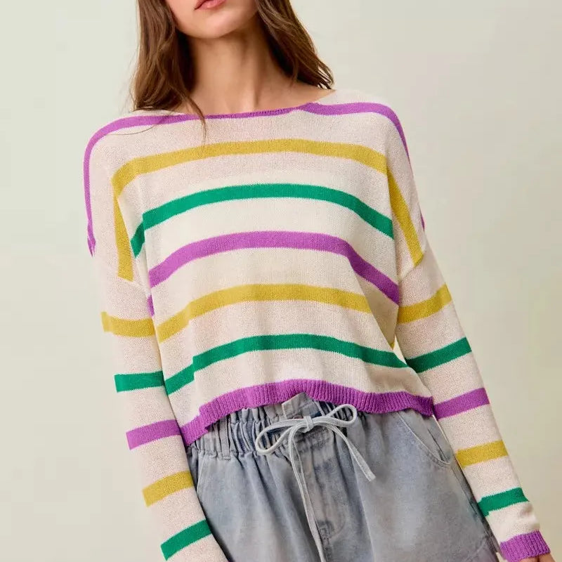 So Me Mardi Chic Color Stripe Lightweight Sweater Top-Women's Shirts & Tops-Shop Z & Joxa