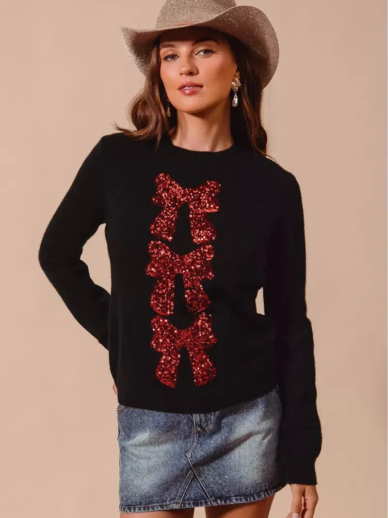 So Me Midnight Sparkle Bow Sequence Ribbon Christmas Sweater-Women's Shirts & Tops-Shop Z & Joxa