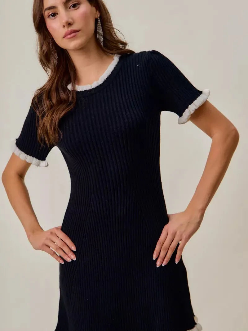 So Me Mini Moments Ruffled Sweater Knit Mini Dress in Black-Women's Dresses-Shop Z & Joxa