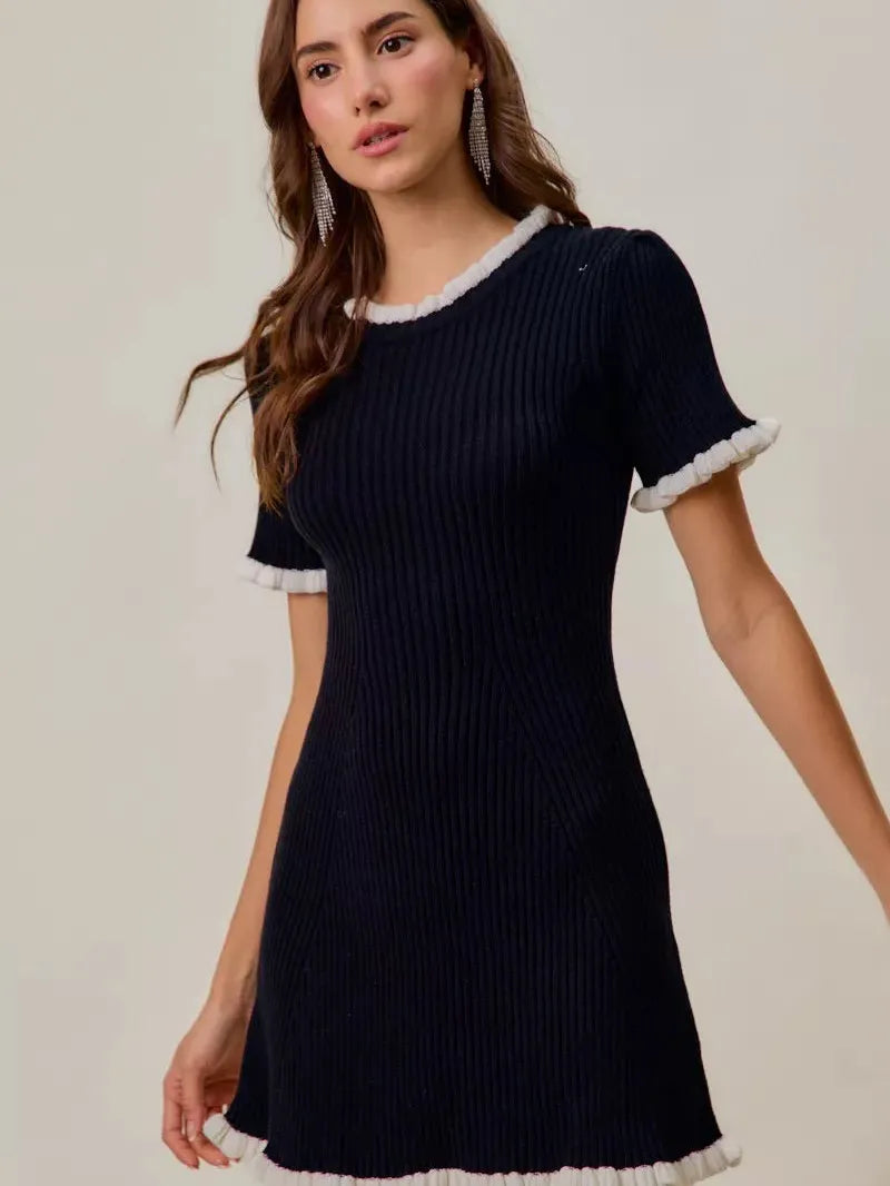 So Me Mini Moments Ruffled Sweater Knit Mini Dress in Black-Women's Dresses-Shop Z & Joxa
