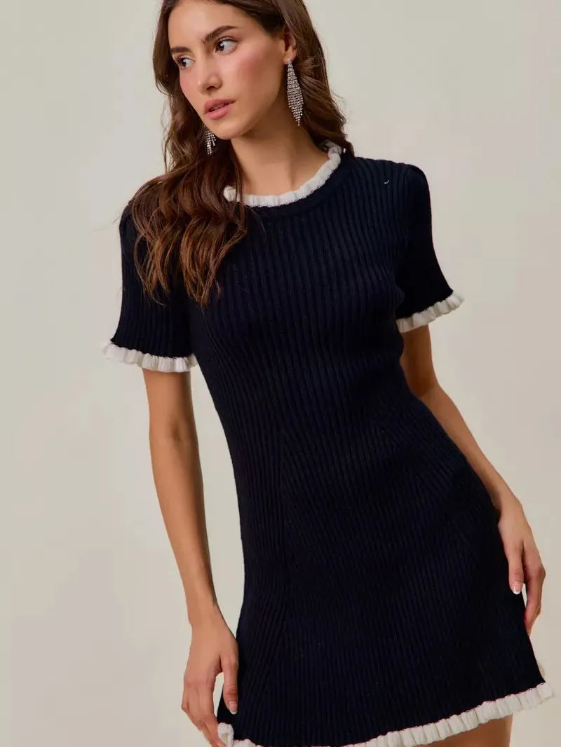 So Me Mini Moments Ruffled Sweater Knit Mini Dress in Black-Women's Dresses-Shop Z & Joxa