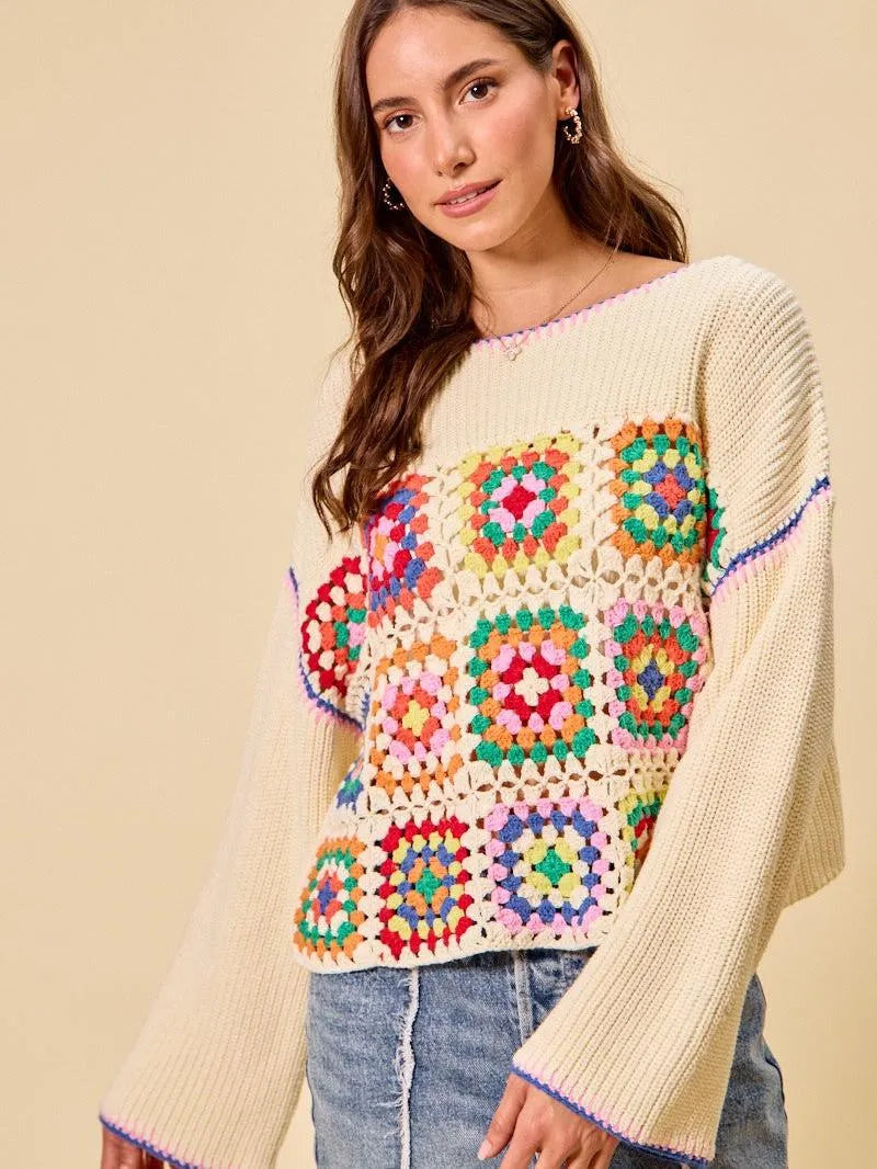 So Me Patchwork Charm Multi Color Granny Crochet Sweater Top-Women's Shirts & Tops-Shop Z & Joxa
