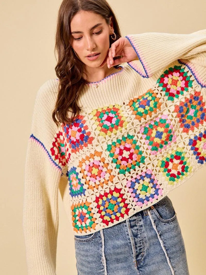 So Me Patchwork Charm Multi Color Granny Crochet Sweater Top-Women's Shirts & Tops-Shop Z & Joxa