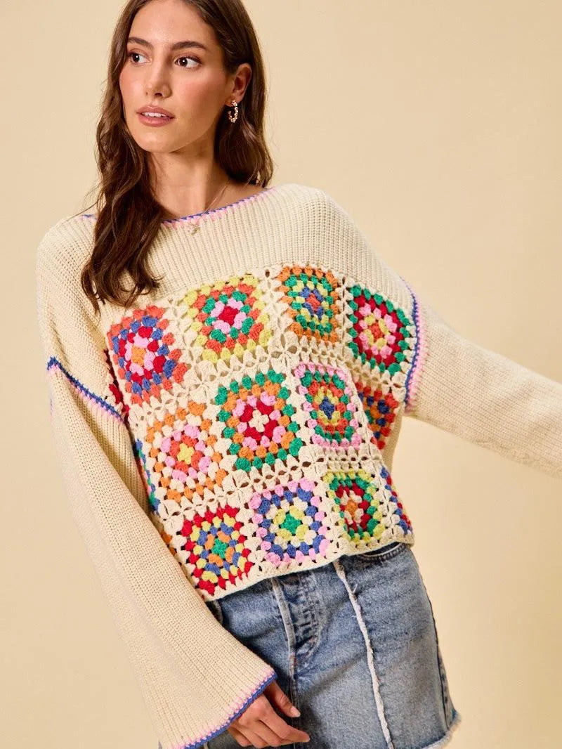 So Me Patchwork Charm Multi Color Granny Crochet Sweater Top-Women's Shirts & Tops-Shop Z & Joxa