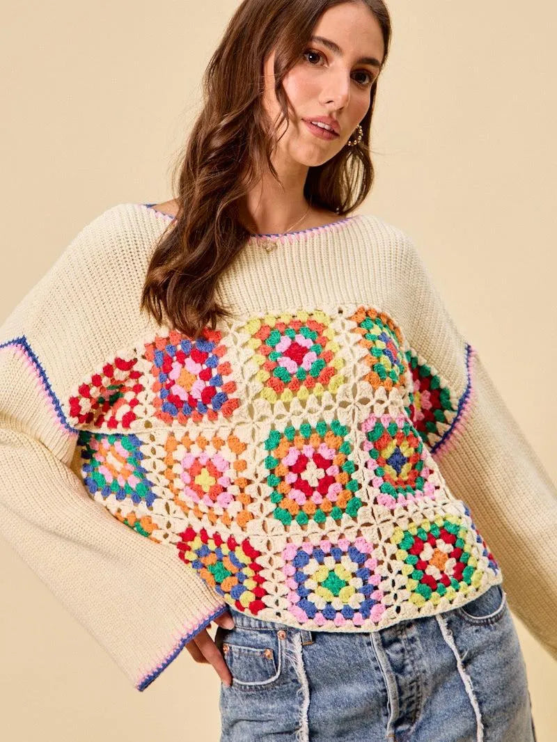 So Me Patchwork Charm Multi Color Granny Crochet Sweater Top-Women's Shirts & Tops-Shop Z & Joxa