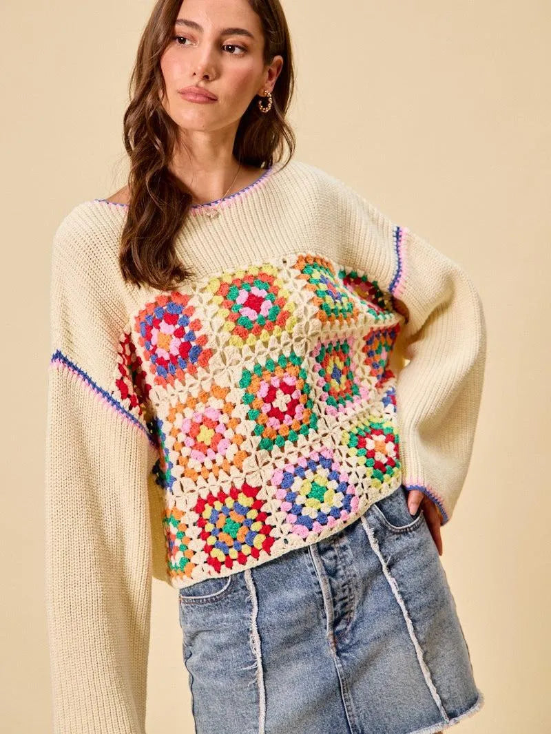 So Me Patchwork Charm Multi Color Granny Crochet Sweater Top-Women's Shirts & Tops-Shop Z & Joxa