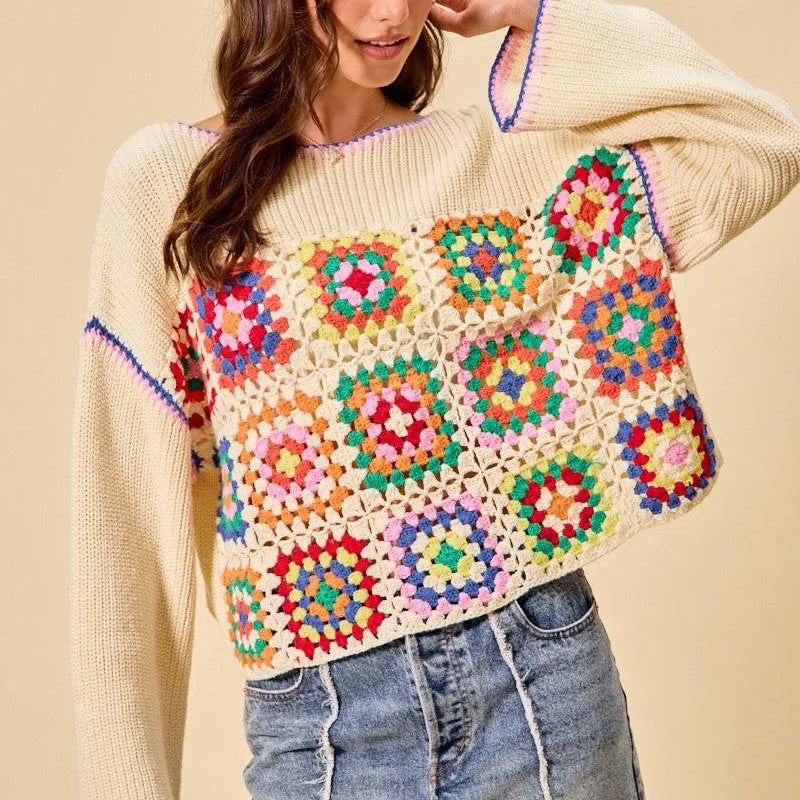 So Me Patchwork Charm Multi Color Granny Crochet Sweater Top-Women's Shirts & Tops-Shop Z & Joxa