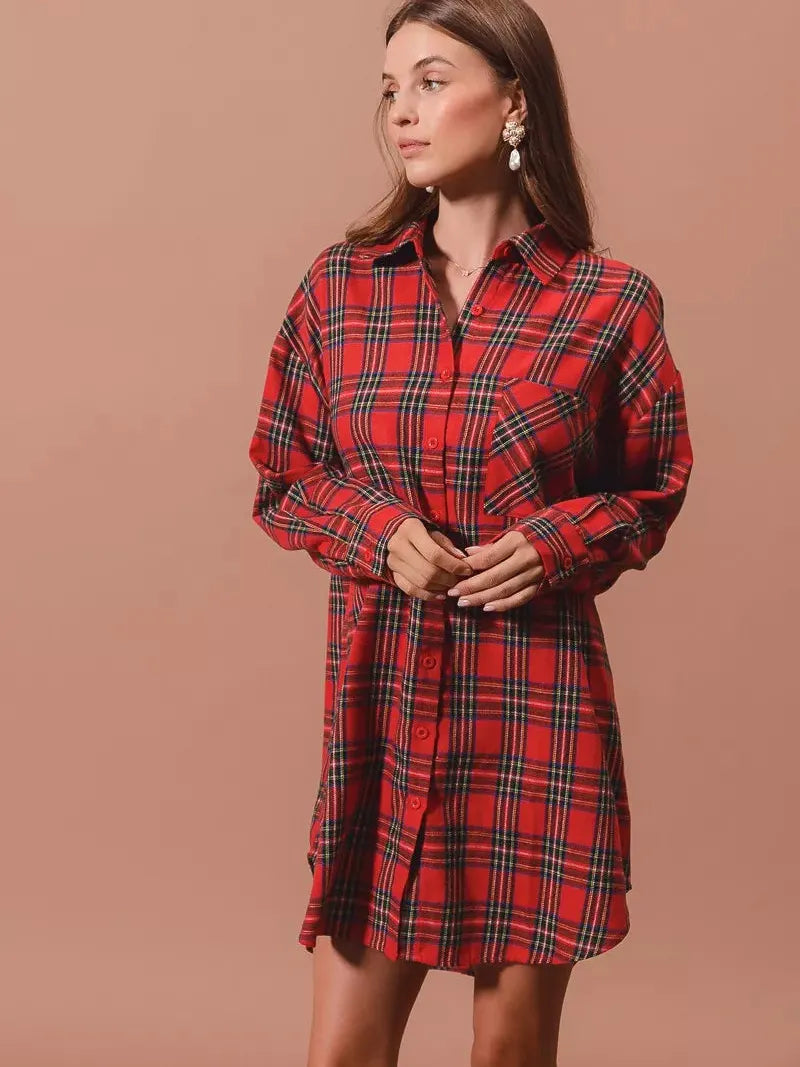 So Me Plaid Escape Button Up Plaid Shirt Dress-Shirts & Tops-Shop Z & Joxa