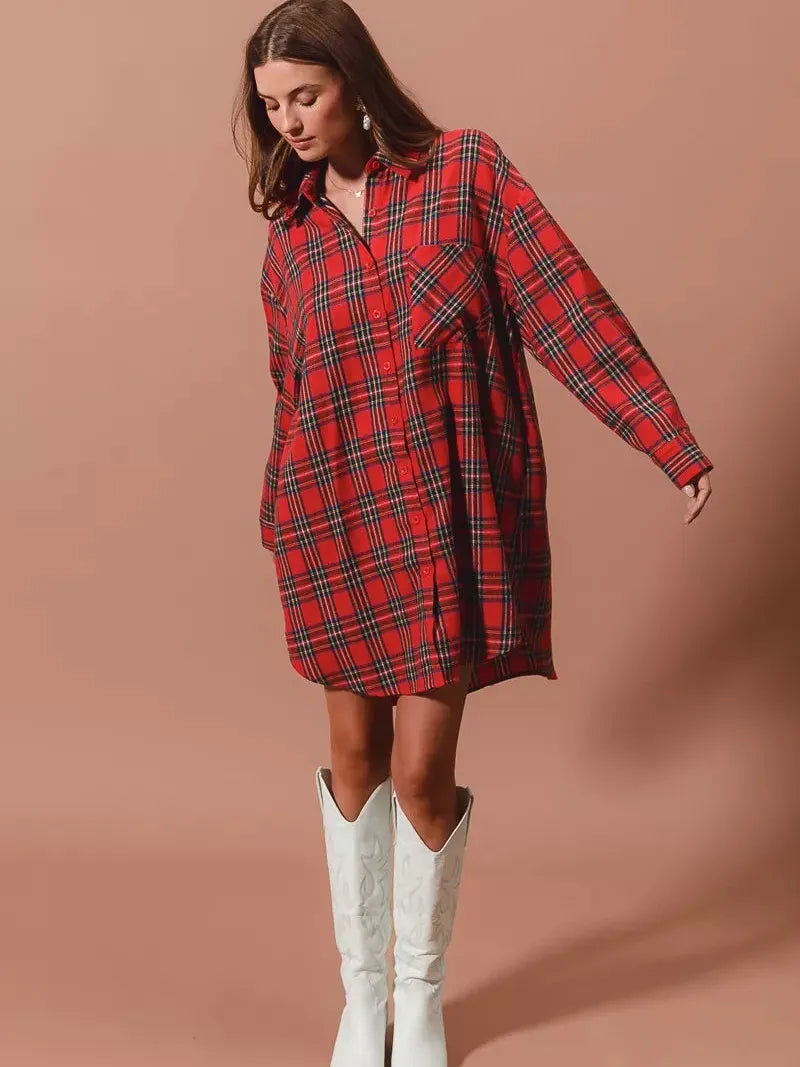 So Me Plaid Escape Button Up Plaid Shirt Dress-Shirts & Tops-Shop Z & Joxa
