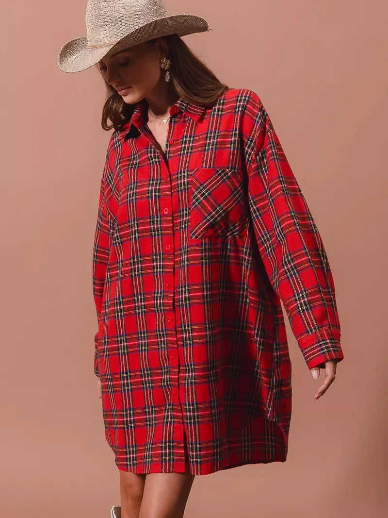 So Me Plaid Escape Button Up Plaid Shirt Dress-Shirts & Tops-Shop Z & Joxa