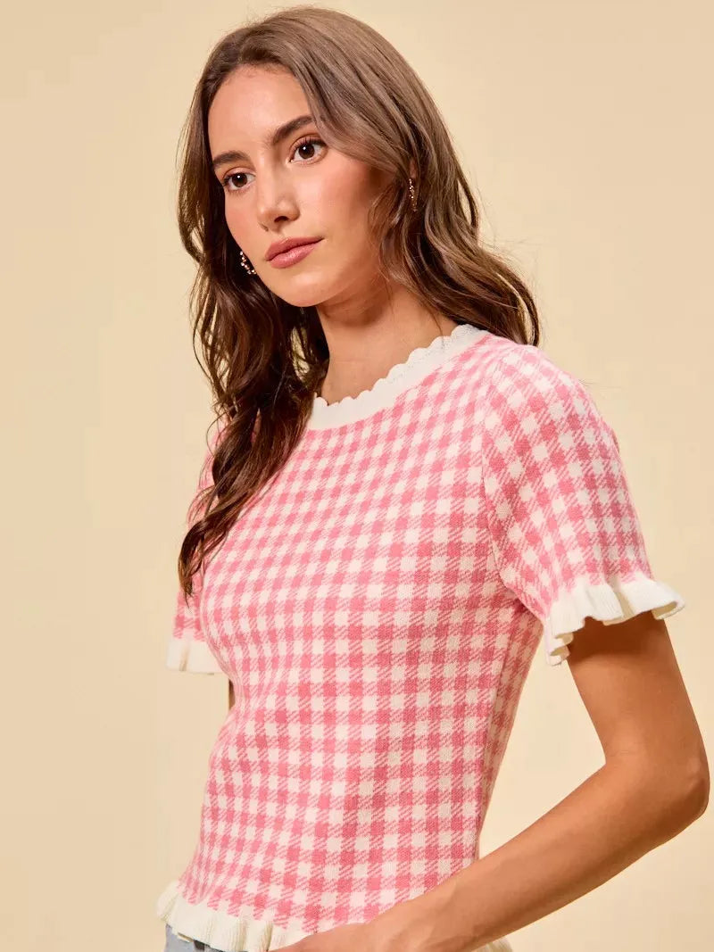So Me Pretty in Pink Gingham Ruffled Short Sleeve Sweater Top-Shirts & Tops-Shop Z & Joxa