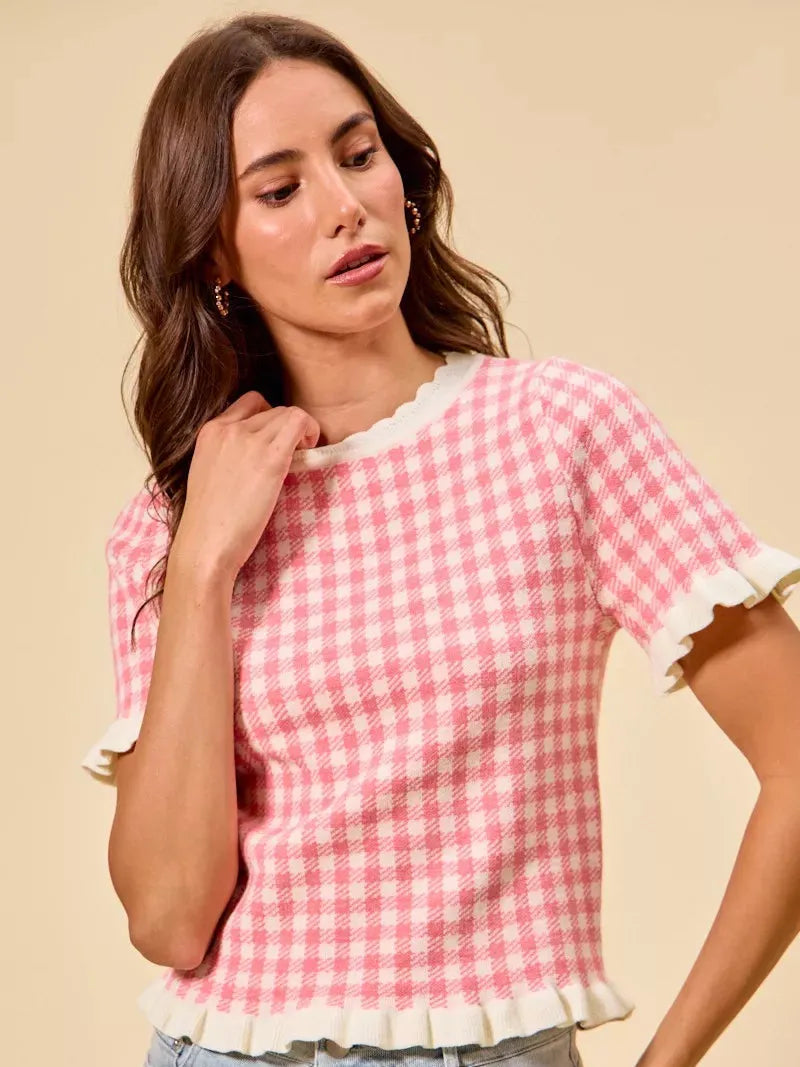So Me Pretty in Pink Gingham Ruffled Short Sleeve Sweater Top-Shirts & Tops-Shop Z & Joxa