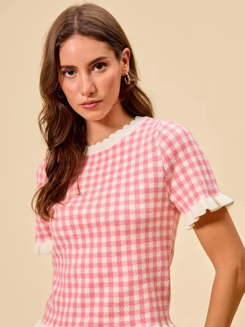 So Me Pretty in Pink Gingham Ruffled Short Sleeve Sweater Top-Shirts & Tops-Shop Z & Joxa
