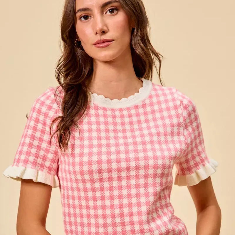 So Me Pretty in Pink Gingham Ruffled Short Sleeve Sweater Top-Shirts & Tops-Shop Z & Joxa