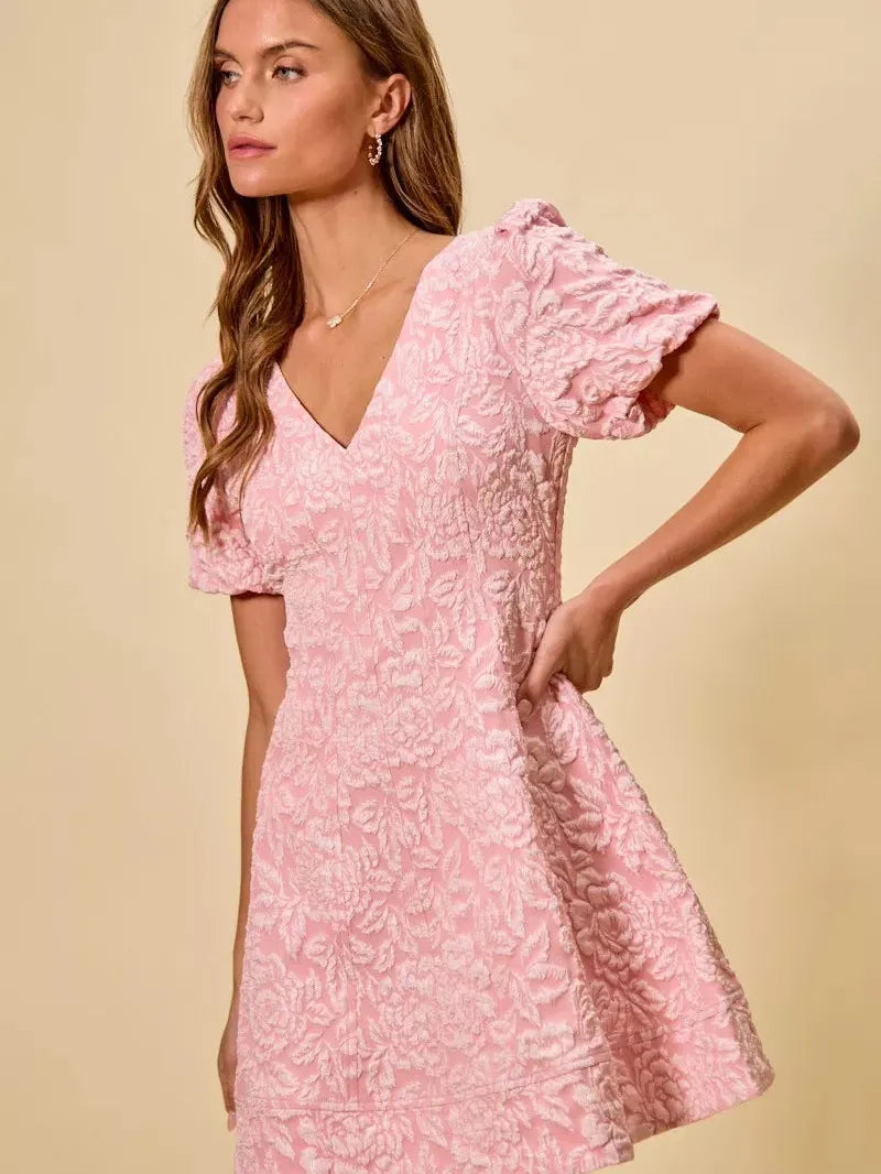 So Me Pretty in Pink Jacquard Flare Mini Dress-Women's Dresses-Shop Z & Joxa